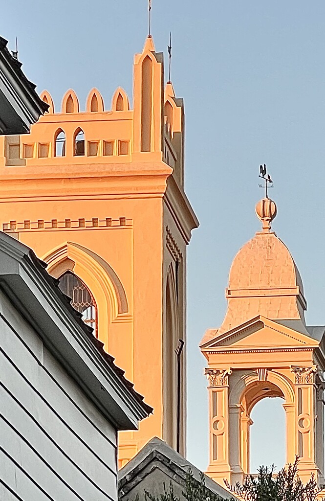 Steeples of two of Charleston’s oldest churches, one Lutheran the other Unitarian by congaree