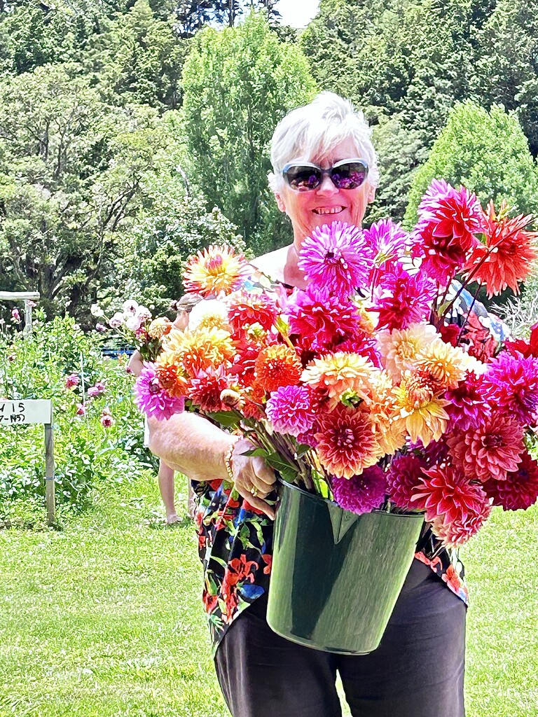 Kay my dearest friend of many years it was her Bday so we went to the Dahlia Kids you could buy a jar or a bucket and pick until no more could fit in  by Dawn