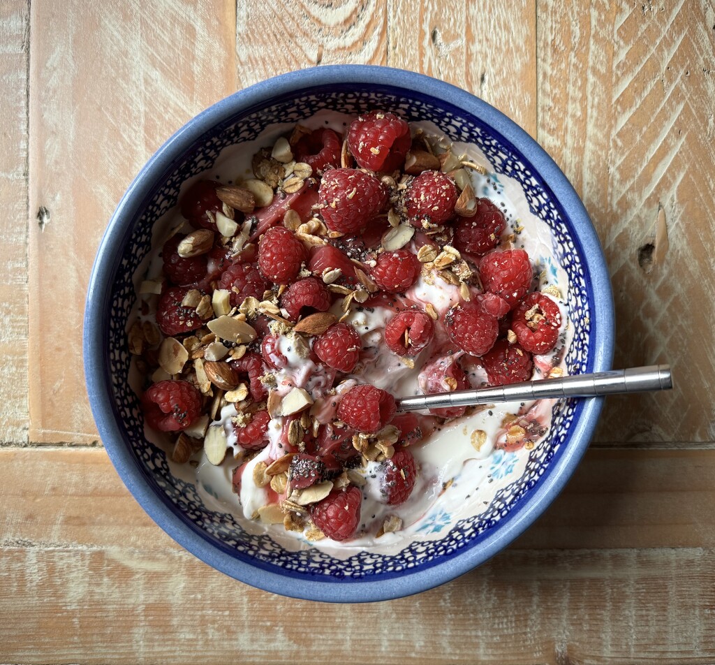 Raspberries, rhubarb and a blue bowl by eviehill