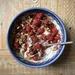 Raspberries, rhubarb and a blue bowl by eviehill
