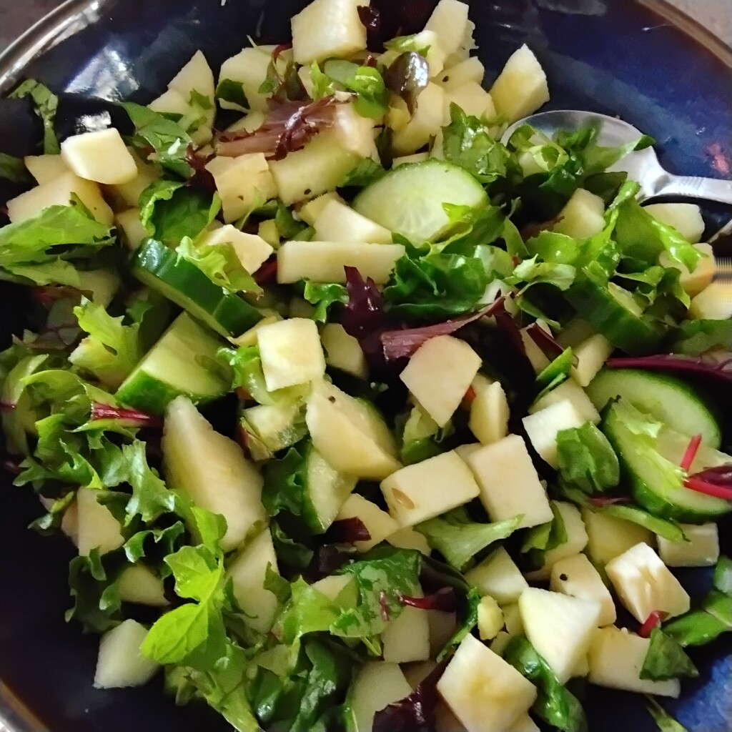 A cheese salad with ginger and kiwi and cucumber.  by grace55