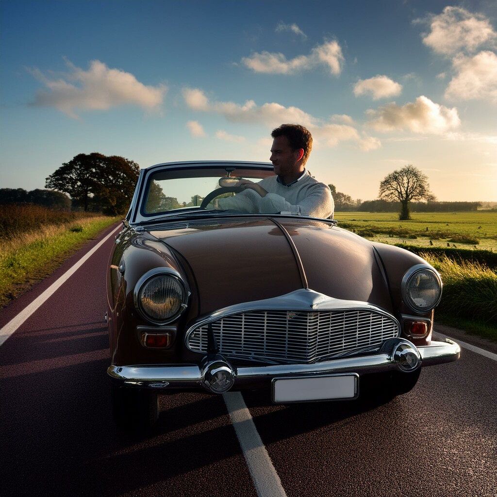 A classic car with driver on a Dutch country road by mastermek