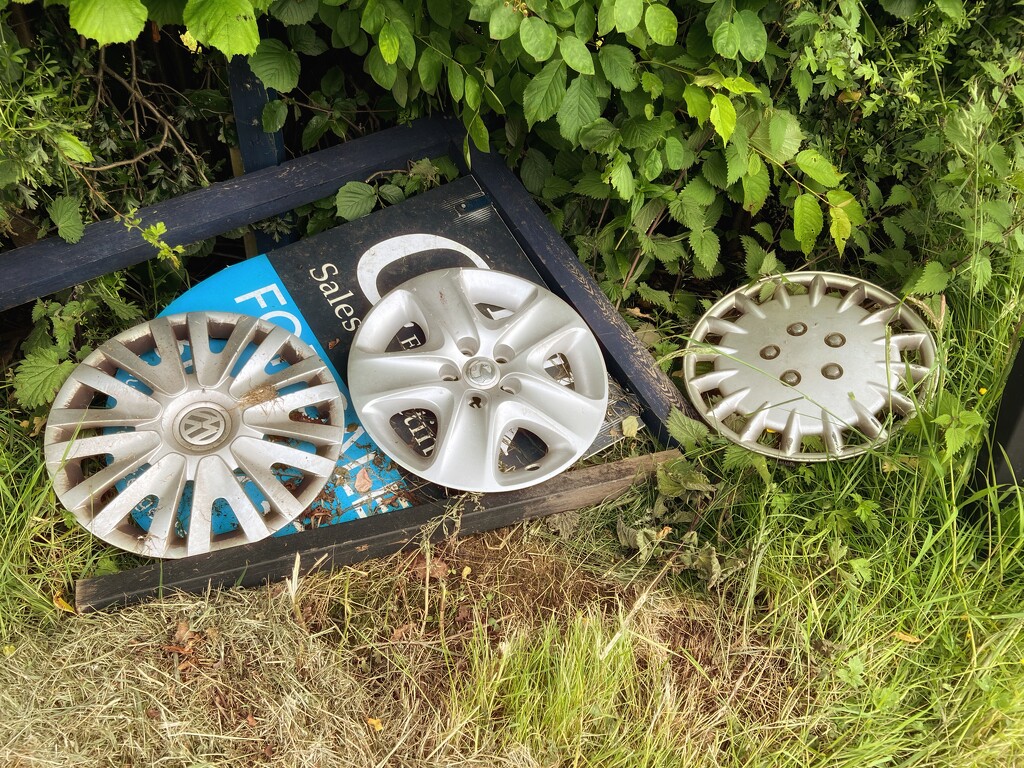 Hubcaps at the side of the road  by tinley23