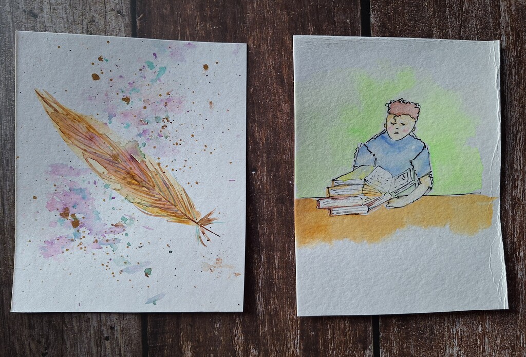 World watercolor month feather and study by jackies365