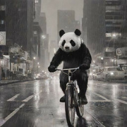 20th Aug 2024 - Panda riding in the rain at night down this city street