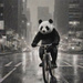 Panda riding in the rain at night down this city street by sewfree