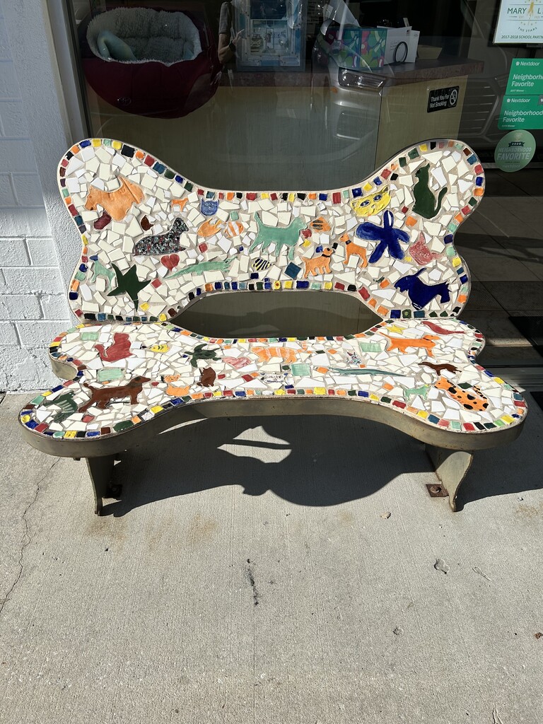 Animal strewn bench in front of local veterinarian office by swagman