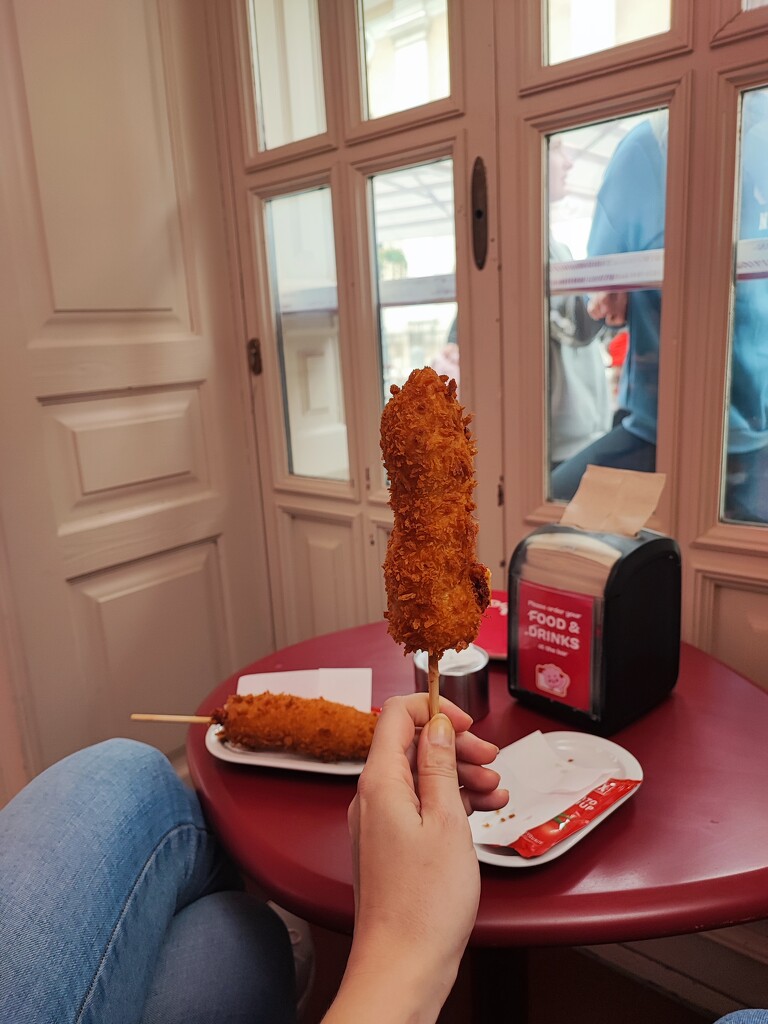 Meeting with A. for a walk around the castle and to try the veggie corn dog at a very cute cafe by nami