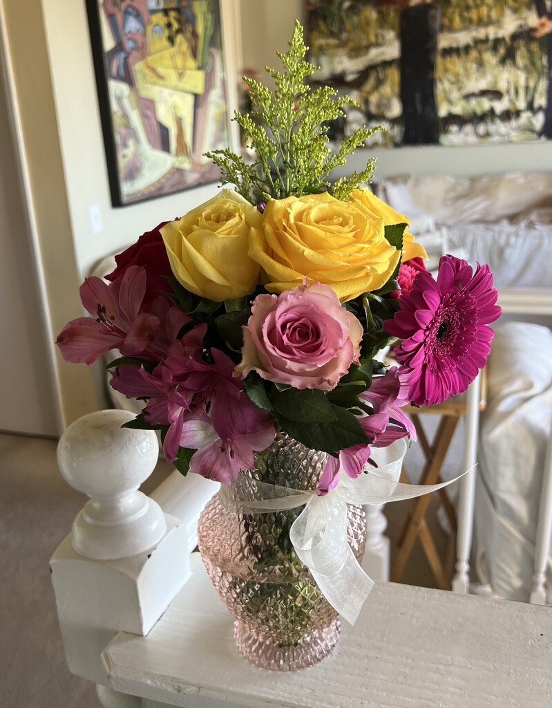 Flowers in a pink vase by peekysweets