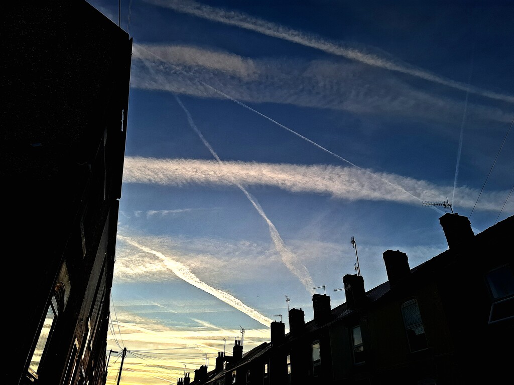 Day 303/366. Twilight skies with vapour trails. by fairynormal