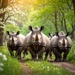 Rhino herd in a springtime forest (AI)