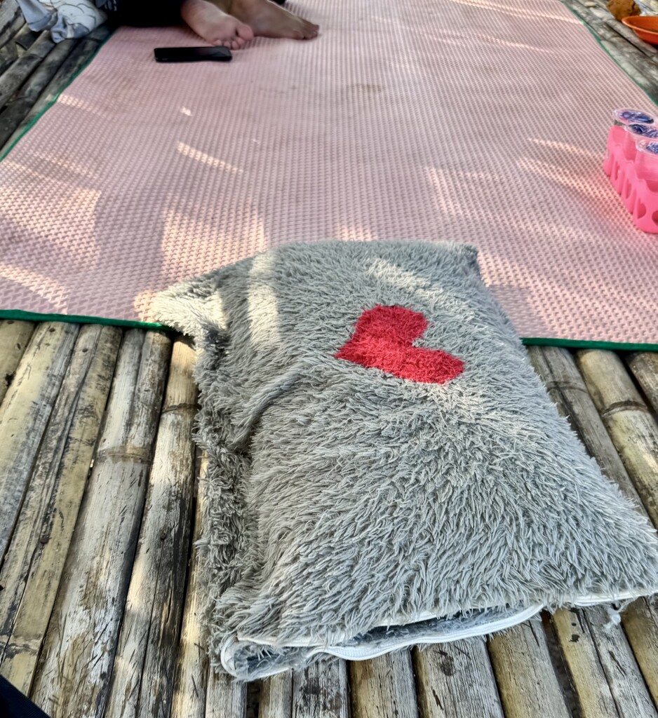 Red heart on grey pillow by cocobella